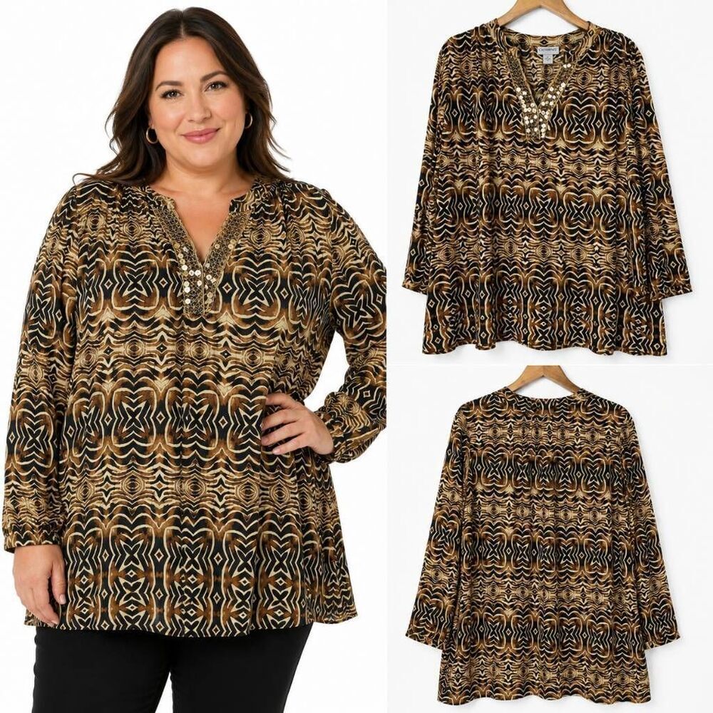 Catherines 2X Animal Print Sequin Tunic Blouse Plus Size